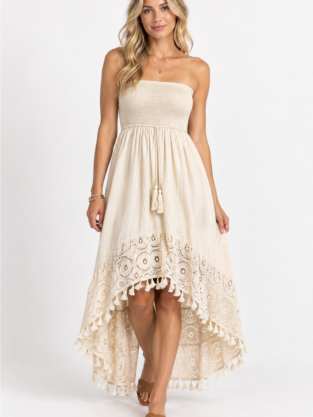 Cupshe Strapless Cream Boho Hi-Low Smocked Strapless Dress Resort Vacation